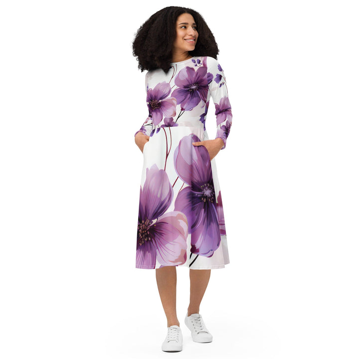 Womens Long Sleeve Midi Dress - Purple Botanical Blooms 2-0