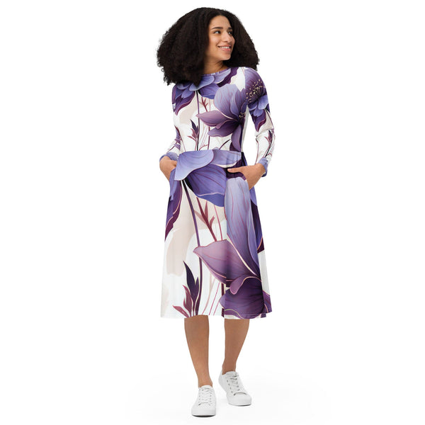 Womens Long Sleeve Midi Dress - Purple Botanical Blooms 3-0