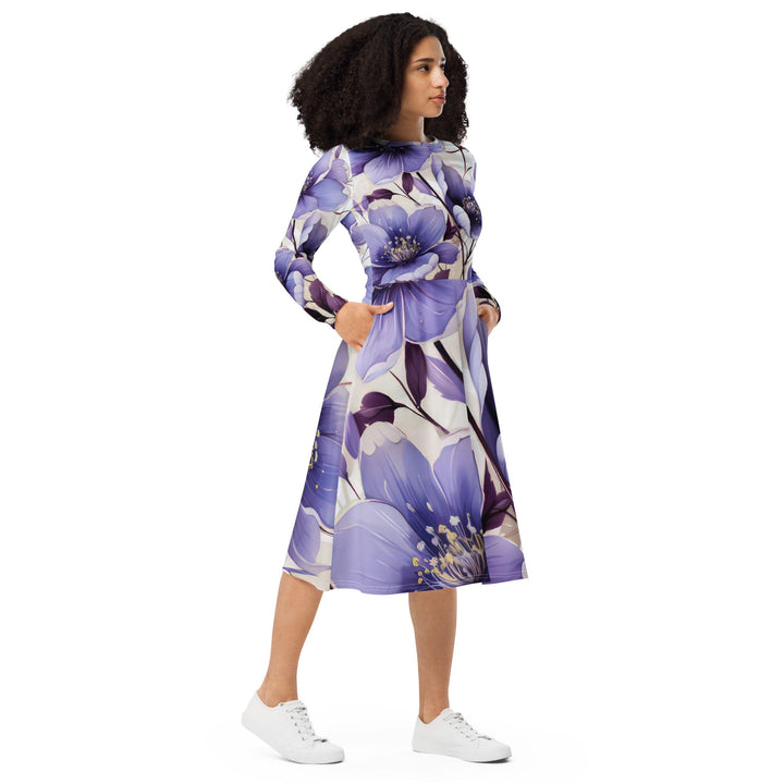 Womens Long Sleeve Midi Dress - Purple Botanical Blooms 4-3