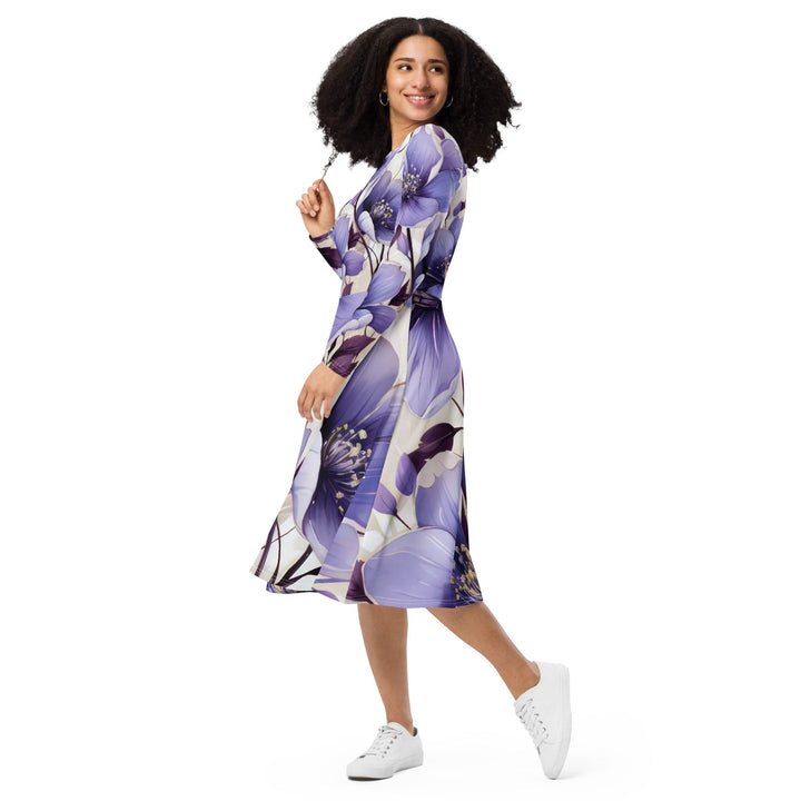 Womens Long Sleeve Midi Dress - Purple Botanical Blooms 4-2