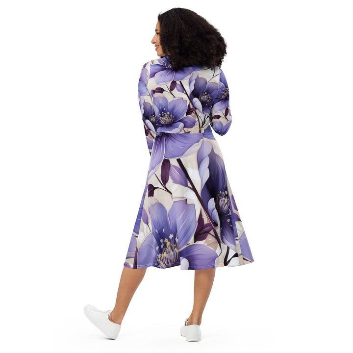 Womens Long Sleeve Midi Dress - Purple Botanical Blooms 4-1
