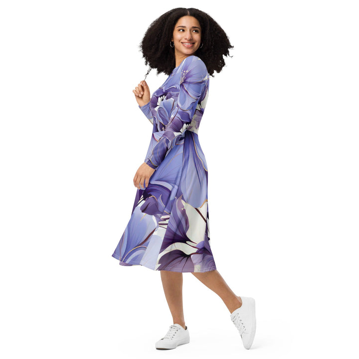 Womens Long Sleeve Midi Dress - Purple Botanical Blooms-2