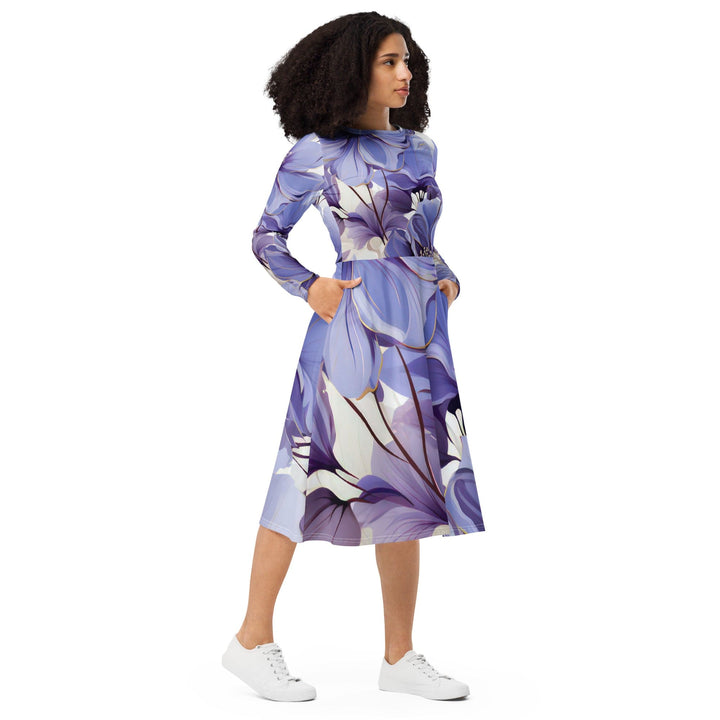 Womens Long Sleeve Midi Dress - Purple Botanical Blooms-3