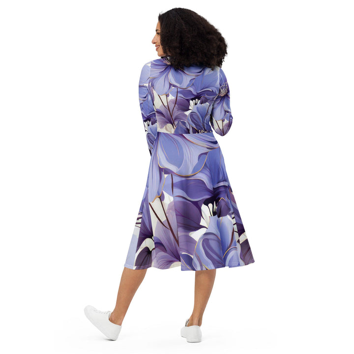 Womens Long Sleeve Midi Dress - Purple Botanical Blooms-1