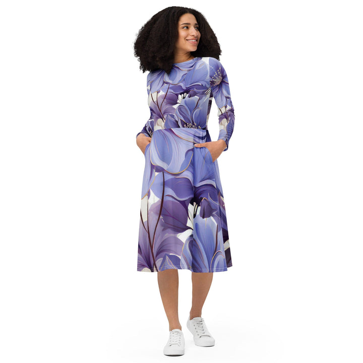 Womens Long Sleeve Midi Dress - Purple Botanical Blooms-0