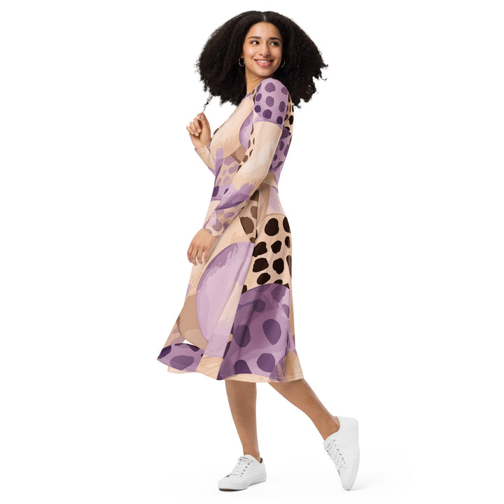 Womens Long Sleeve Midi Dress - Purple Lavender Spotted Print-2