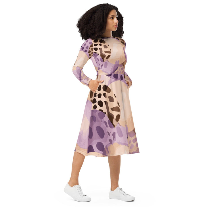 Womens Long Sleeve Midi Dress - Purple Lavender Spotted Print-3