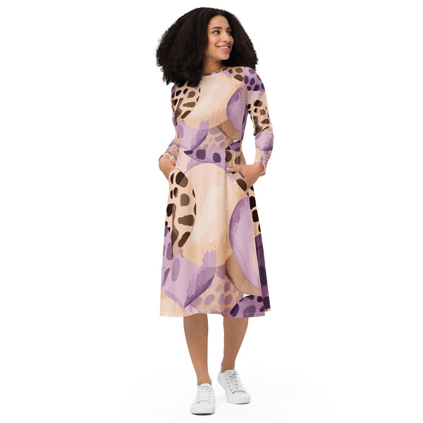 Womens Long Sleeve Midi Dress - Purple Lavender Spotted Print-0