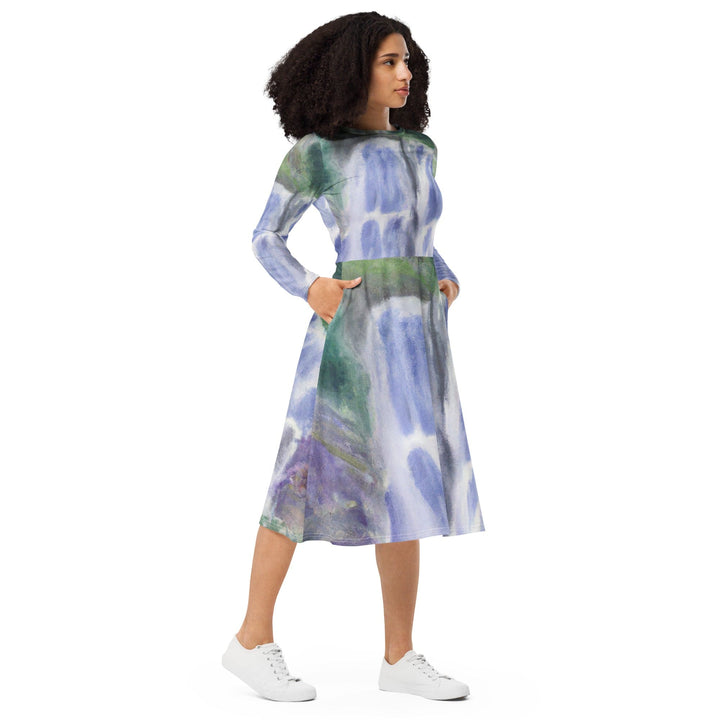 Womens Long Sleeve Midi Dress - Purple Watercolor Waterfall Green-3