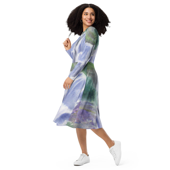 Womens Long Sleeve Midi Dress - Purple Watercolor Waterfall Green-2