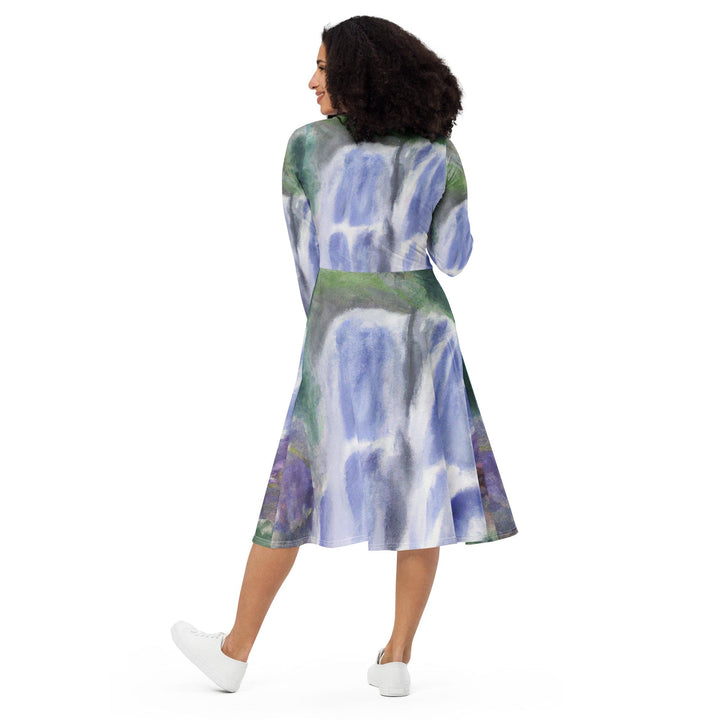 Womens Long Sleeve Midi Dress - Purple Watercolor Waterfall Green-1