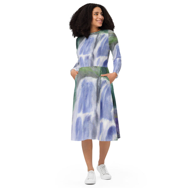 Womens Long Sleeve Midi Dress - Purple Watercolor Waterfall Green-0