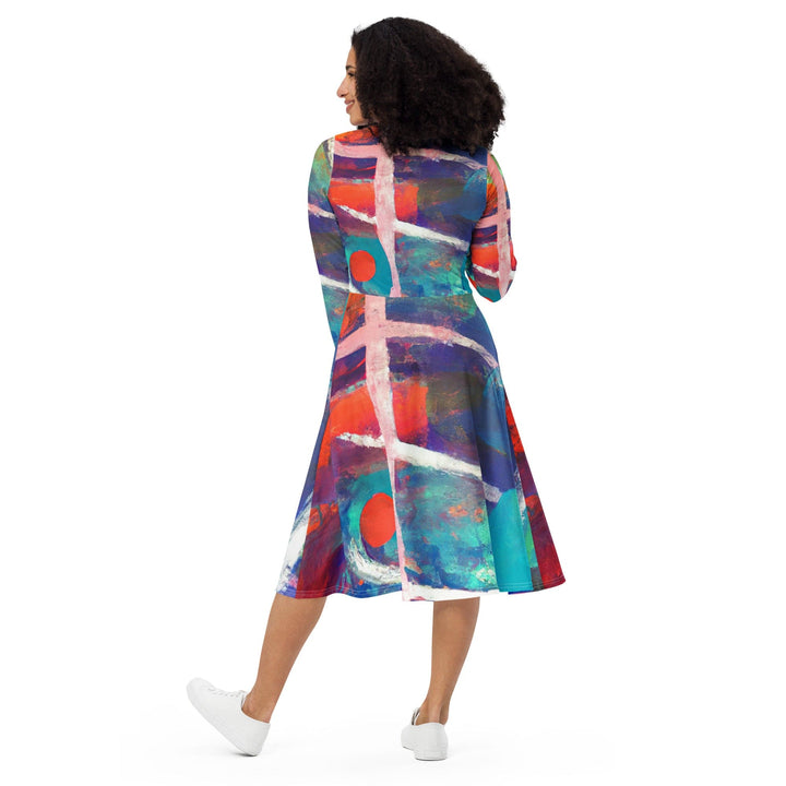 Womens Long Sleeve Midi Dress - Red Blue Multicolor Abstract Print-1