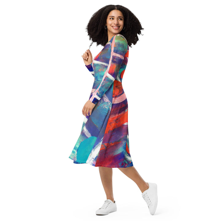 Womens Long Sleeve Midi Dress - Red Blue Multicolor Abstract Print-2