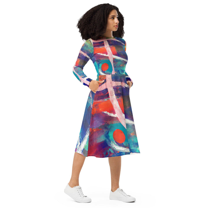 Womens Long Sleeve Midi Dress - Red Blue Multicolor Abstract Print-3