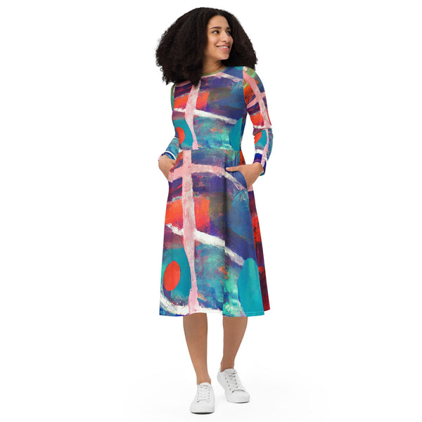Womens Long Sleeve Midi Dress - Red Blue Multicolor Abstract Print-0
