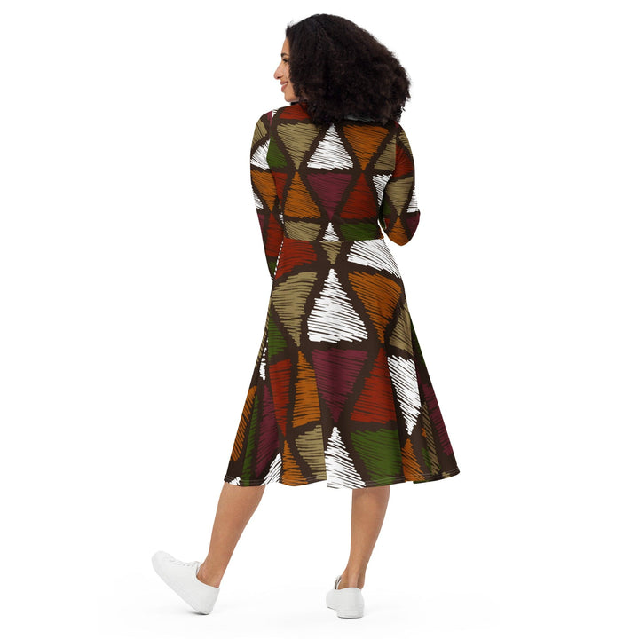 Womens Long Sleeve Midi Dress - Red Green Geometric Lines-4