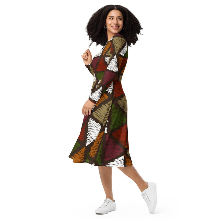 Womens Long Sleeve Midi Dress - Red Green Geometric Lines-2