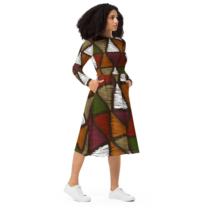 Womens Long Sleeve Midi Dress - Red Green Geometric Lines-3