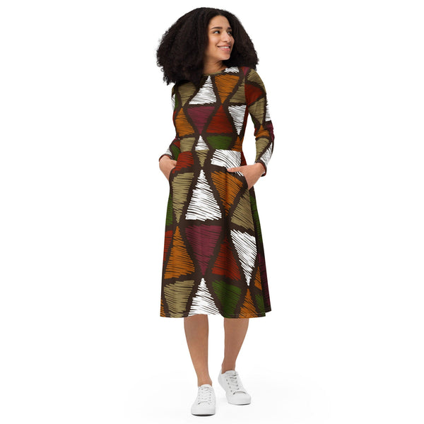 Womens Long Sleeve Midi Dress - Red Green Geometric Lines-0