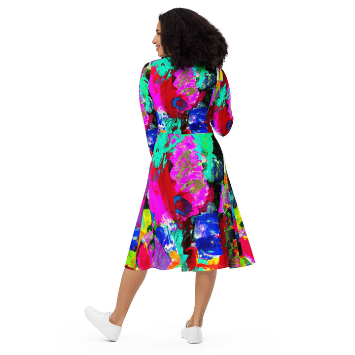 Womens Long Sleeve Midi Dress - Red Multicolor Abstract Print-1
