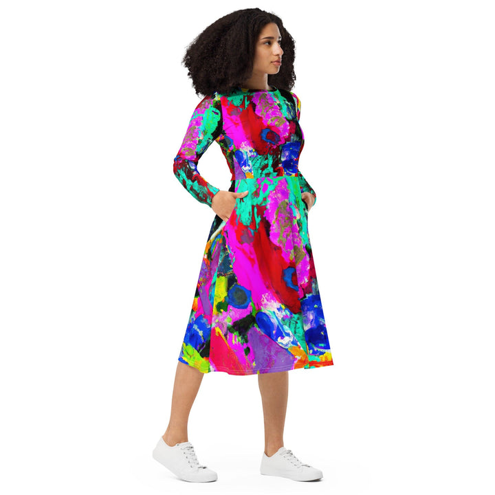 Womens Long Sleeve Midi Dress - Red Multicolor Abstract Print-3