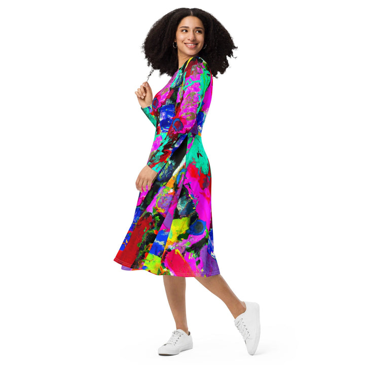 Womens Long Sleeve Midi Dress - Red Multicolor Abstract Print-2