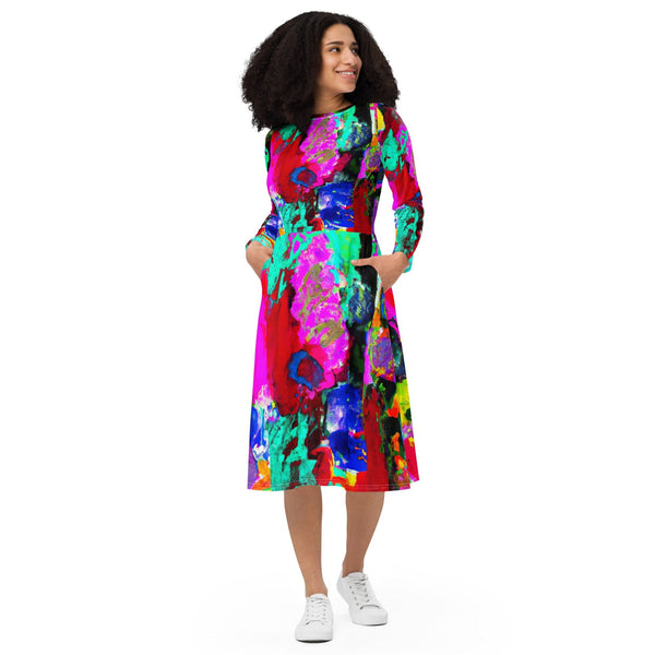 Womens Long Sleeve Midi Dress - Red Multicolor Abstract Print-0