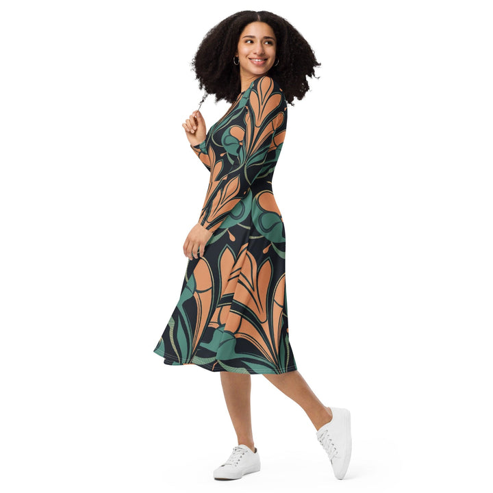 Womens Long Sleeve Midi Dress - Retro Vintage Print-2