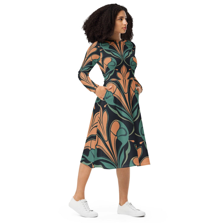 Womens Long Sleeve Midi Dress - Retro Vintage Print-3