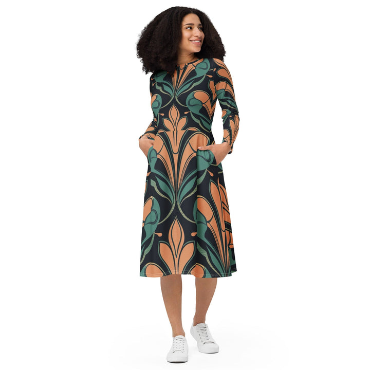 Womens Long Sleeve Midi Dress - Retro Vintage Print-0