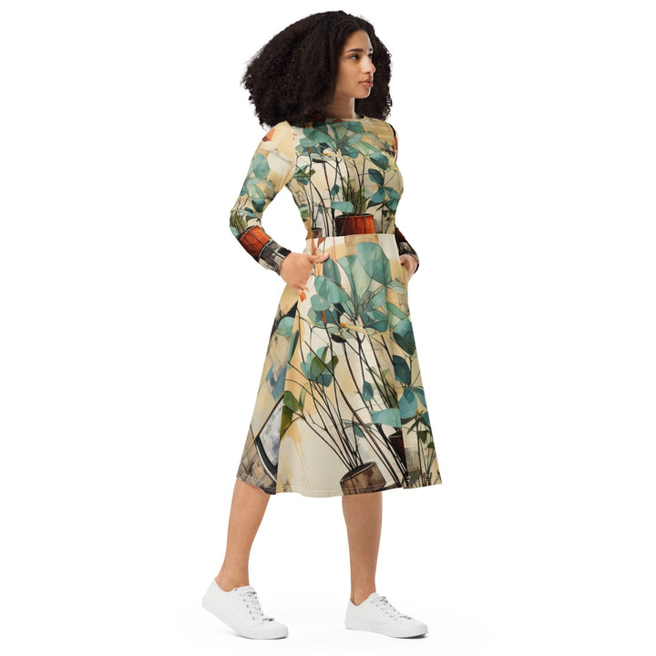 Womens Long Sleeve Midi Dress - Rustic Botanical Plants-3