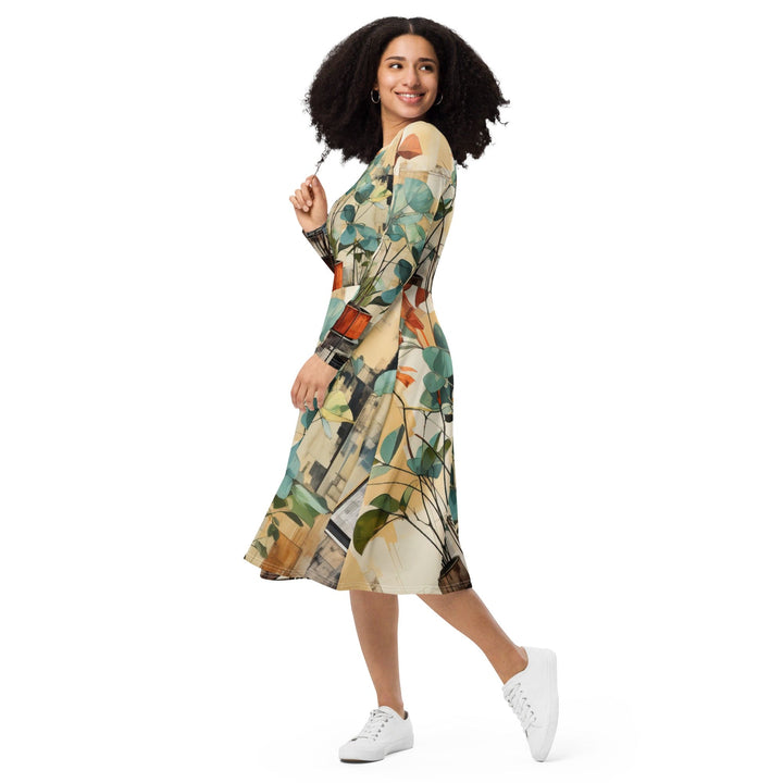 Womens Long Sleeve Midi Dress - Rustic Botanical Plants-2