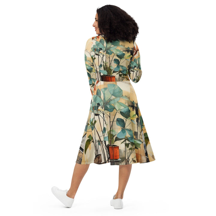 Womens Long Sleeve Midi Dress - Rustic Botanical Plants-1