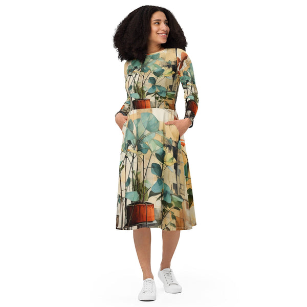 Womens Long Sleeve Midi Dress - Rustic Botanical Plants-0