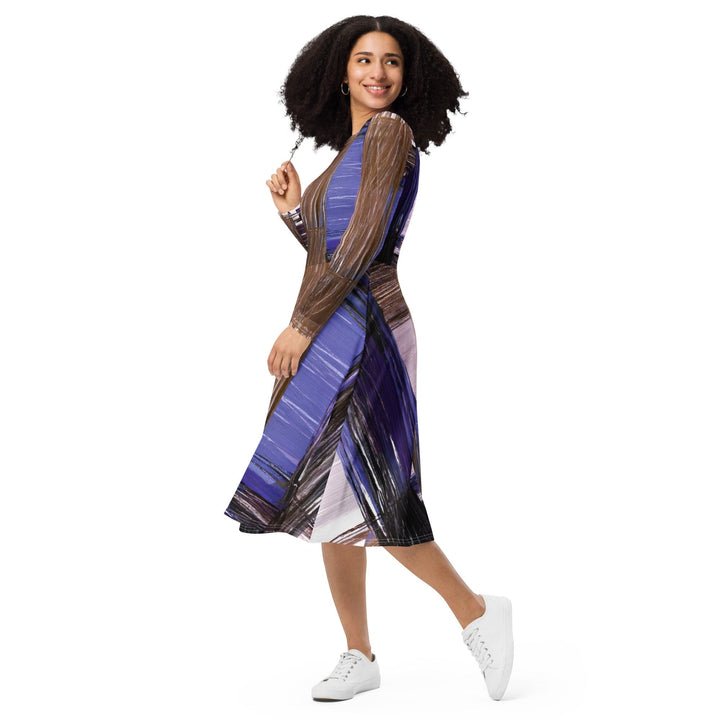 Womens Long Sleeve Midi Dress - Rustic Brown Interweave Print-2