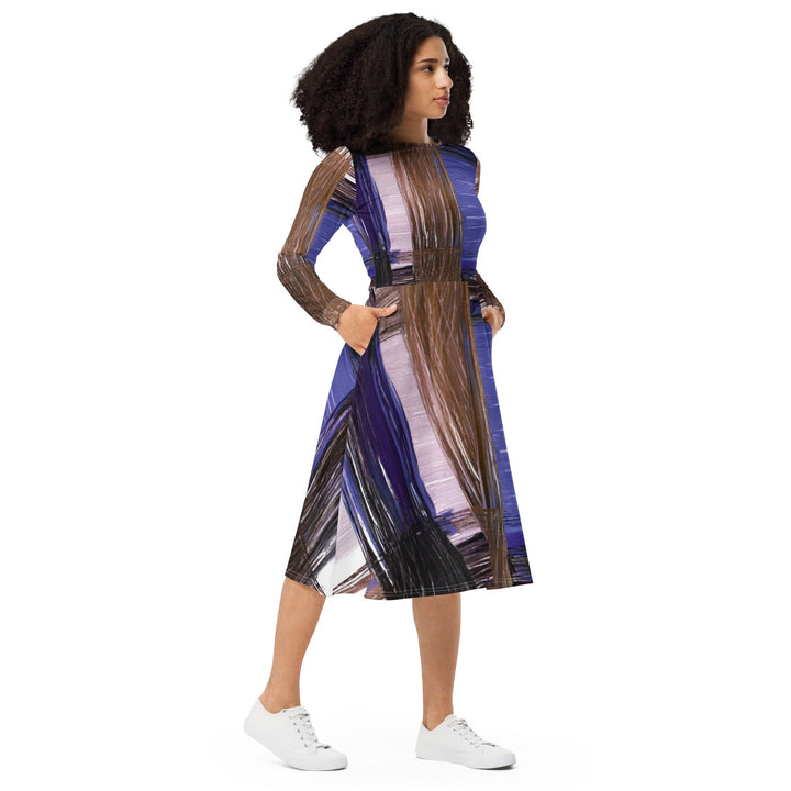 Womens Long Sleeve Midi Dress - Rustic Brown Interweave Print-3