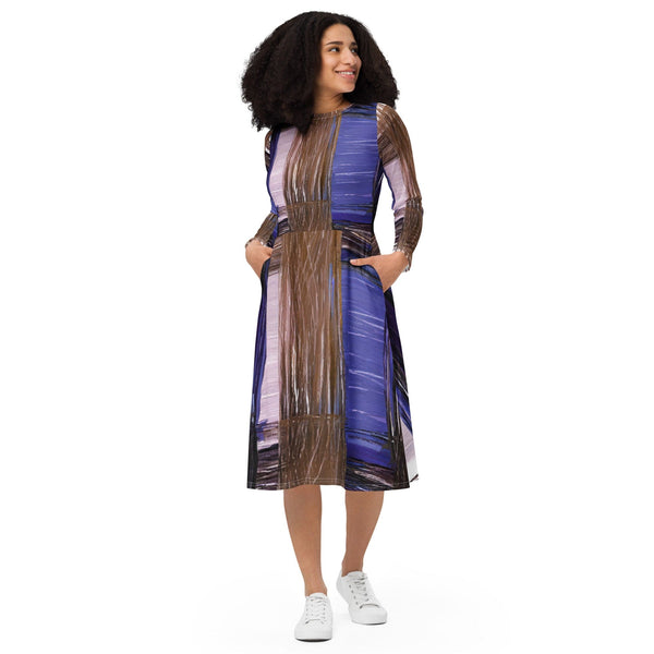 Womens Long Sleeve Midi Dress - Rustic Brown Interweave Print-0