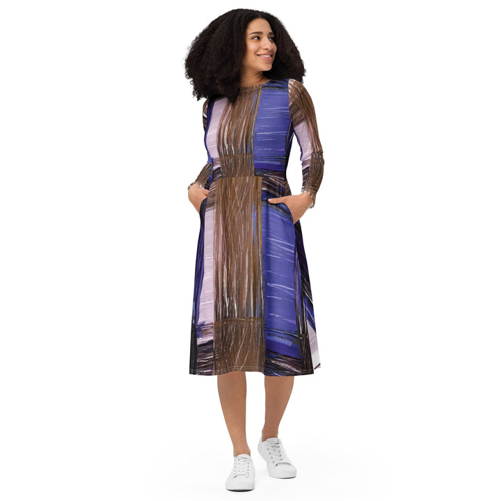 Womens Long Sleeve Midi Dress - Rustic Brown Interweave Print-0