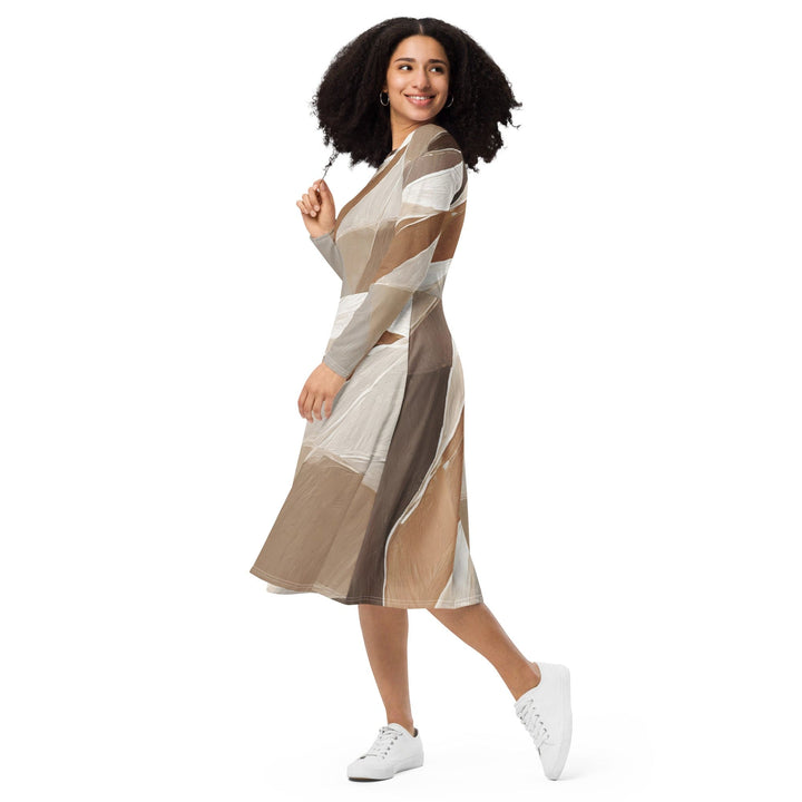 Womens Long Sleeve Midi Dress - Rustic Brown Stone Print 2-2