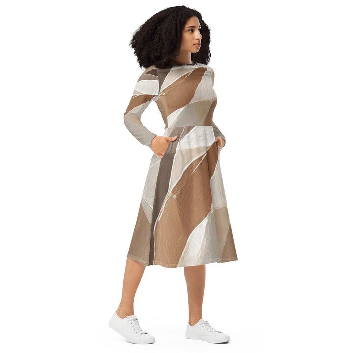 Womens Long Sleeve Midi Dress - Rustic Brown Stone Print 2-3