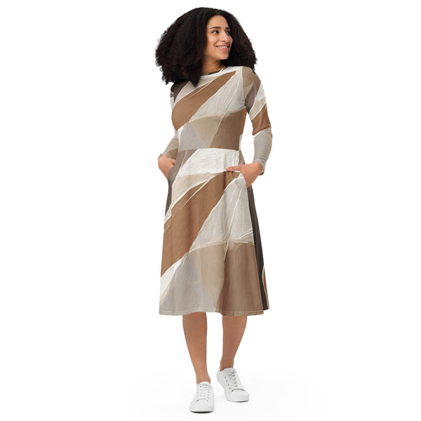Womens Long Sleeve Midi Dress - Rustic Brown Stone Print 2-0