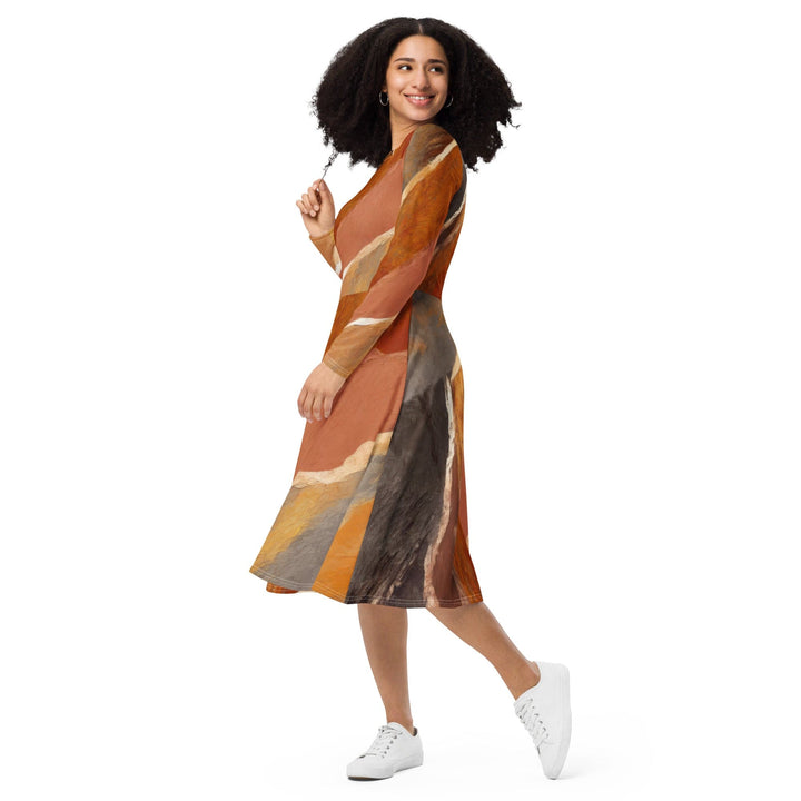 Womens Long Sleeve Midi Dress - Rustic Brown Stone Print-2