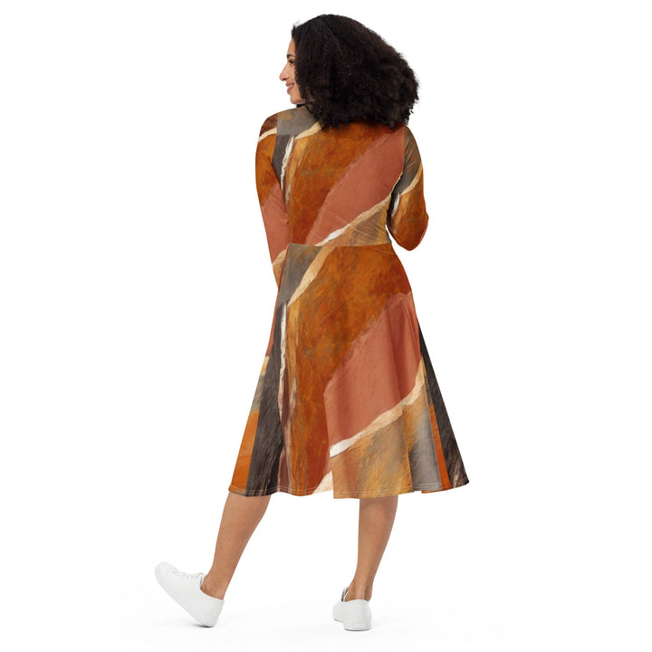 Womens Long Sleeve Midi Dress - Rustic Brown Stone Print-4