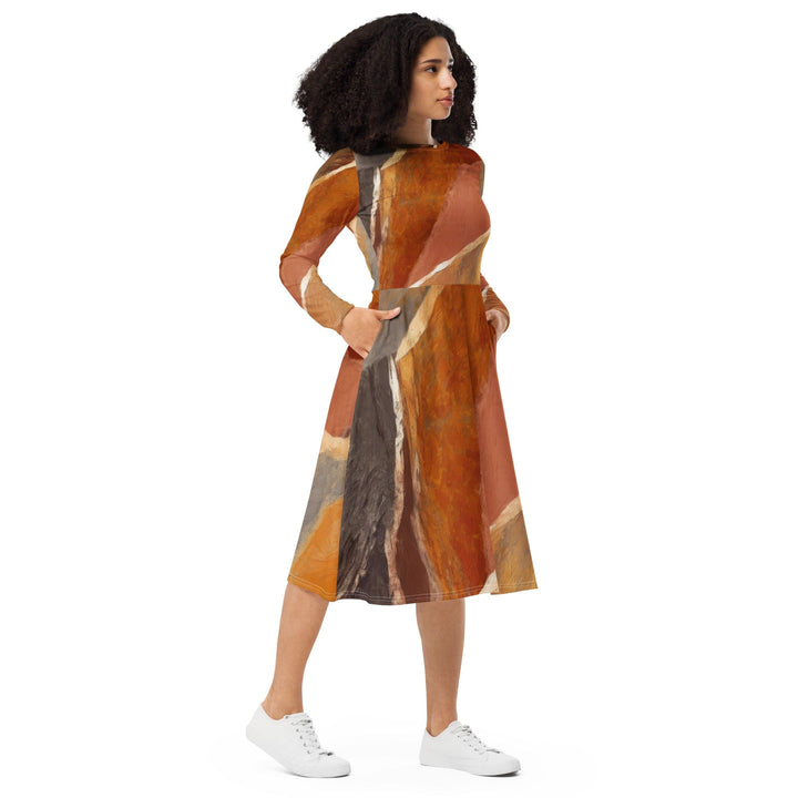 Womens Long Sleeve Midi Dress - Rustic Brown Stone Print-3