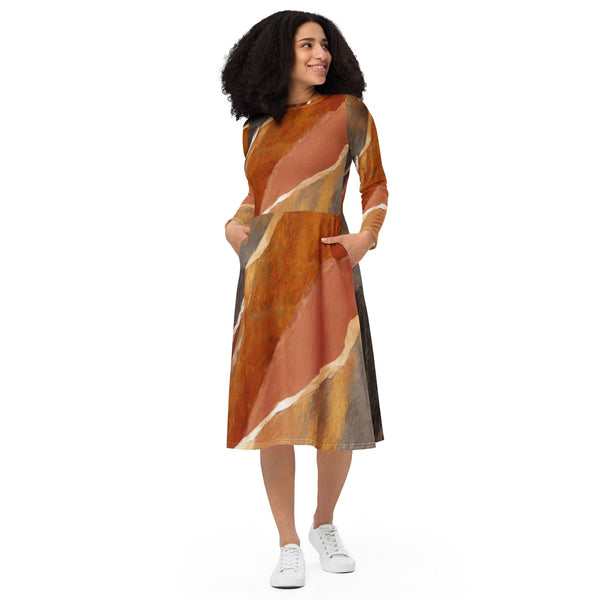 Womens Long Sleeve Midi Dress - Rustic Brown Stone Print-0