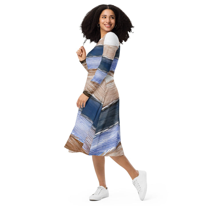 Womens Long Sleeve Midi Dress - Rustic Hues Pattern-2