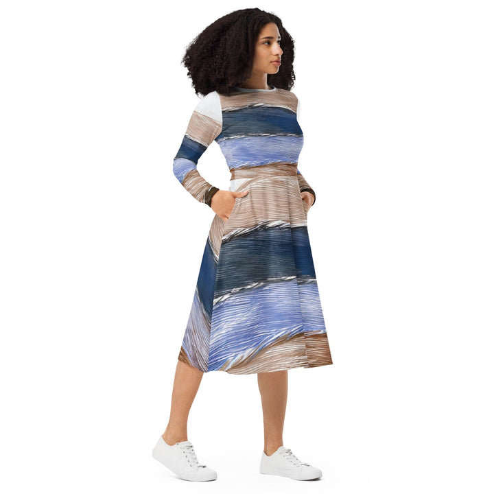 Womens Long Sleeve Midi Dress - Rustic Hues Pattern-3