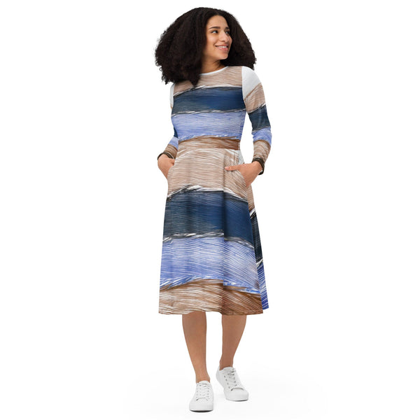 Womens Long Sleeve Midi Dress - Rustic Hues Pattern-0