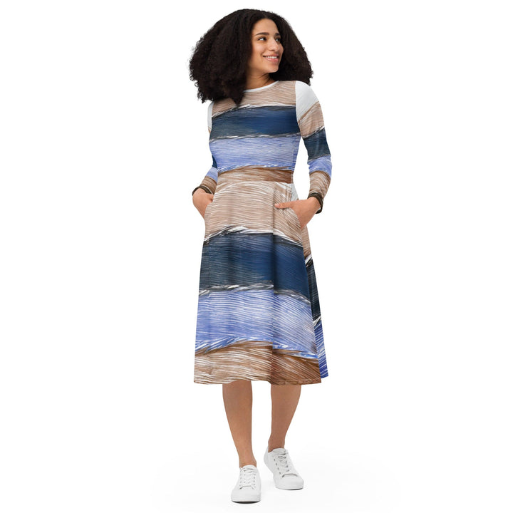 Womens Long Sleeve Midi Dress - Rustic Hues Pattern-0